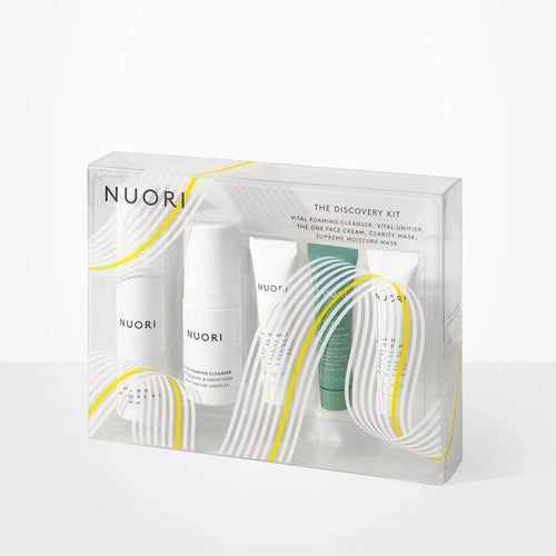 NUORI The Discovery Kit PURELA -näytekoko, sisältää erilaisia ihonhoitotuotteita, pakkauksessa ja tuotteiden näkyvät tekstit.