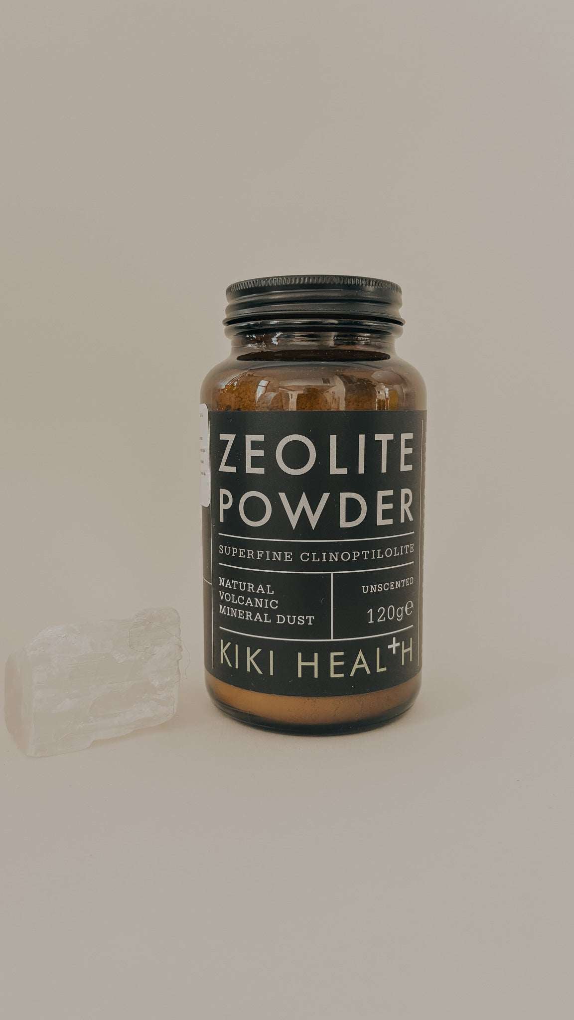 Kiki Heal+h Zeoliittijauhe PURELA, 120g, valkoinen jauhe pakkauksessa, luonnollinen kivijauhe käytettäväksi terveyteen ja hyvinvointiin