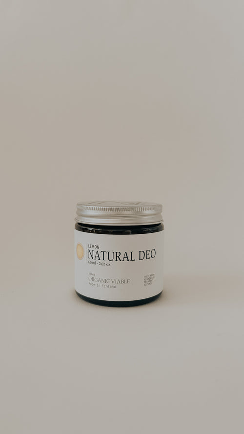 Purela I'M Nordic Eco Natural Deo Lemon 60ml luonnollinen deodoranttipullo, sitrushedelmä tuoksu ja minimalistinen muotoilu.