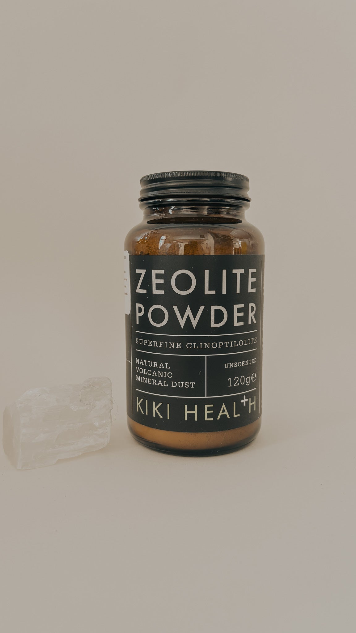 Kiki Heal+h Zeoliittijauhe PURELA, 120g, valkoinen jauhe pakkauksessa, luonnollinen kivijauhe käytettäväksi terveyteen ja hyvinvointiin