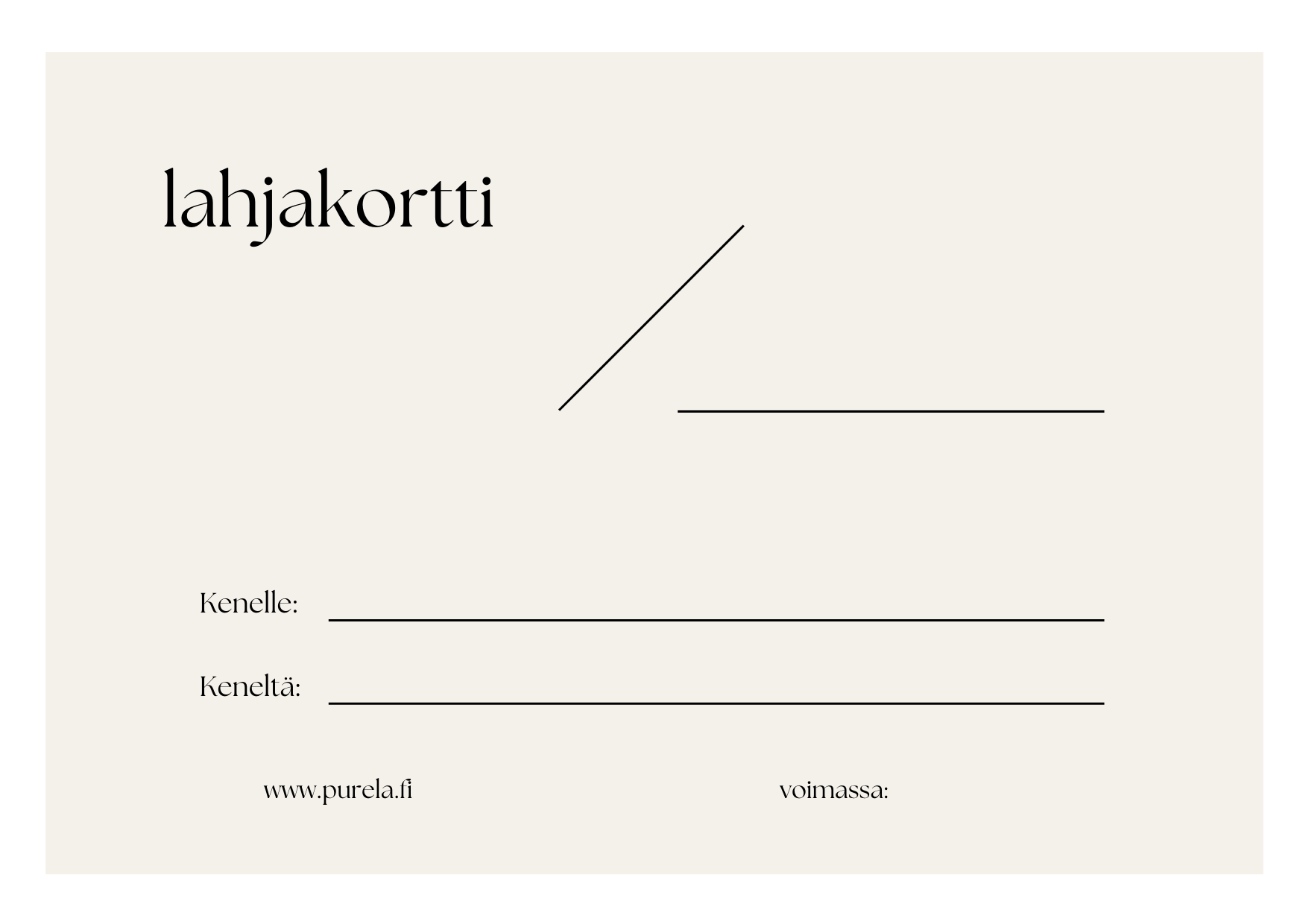 PURELA-lahjakortti, kaunis lahjakortti, joka esittelee PURELA-merkin ja sopii erilaisiin lahjahetkiin.