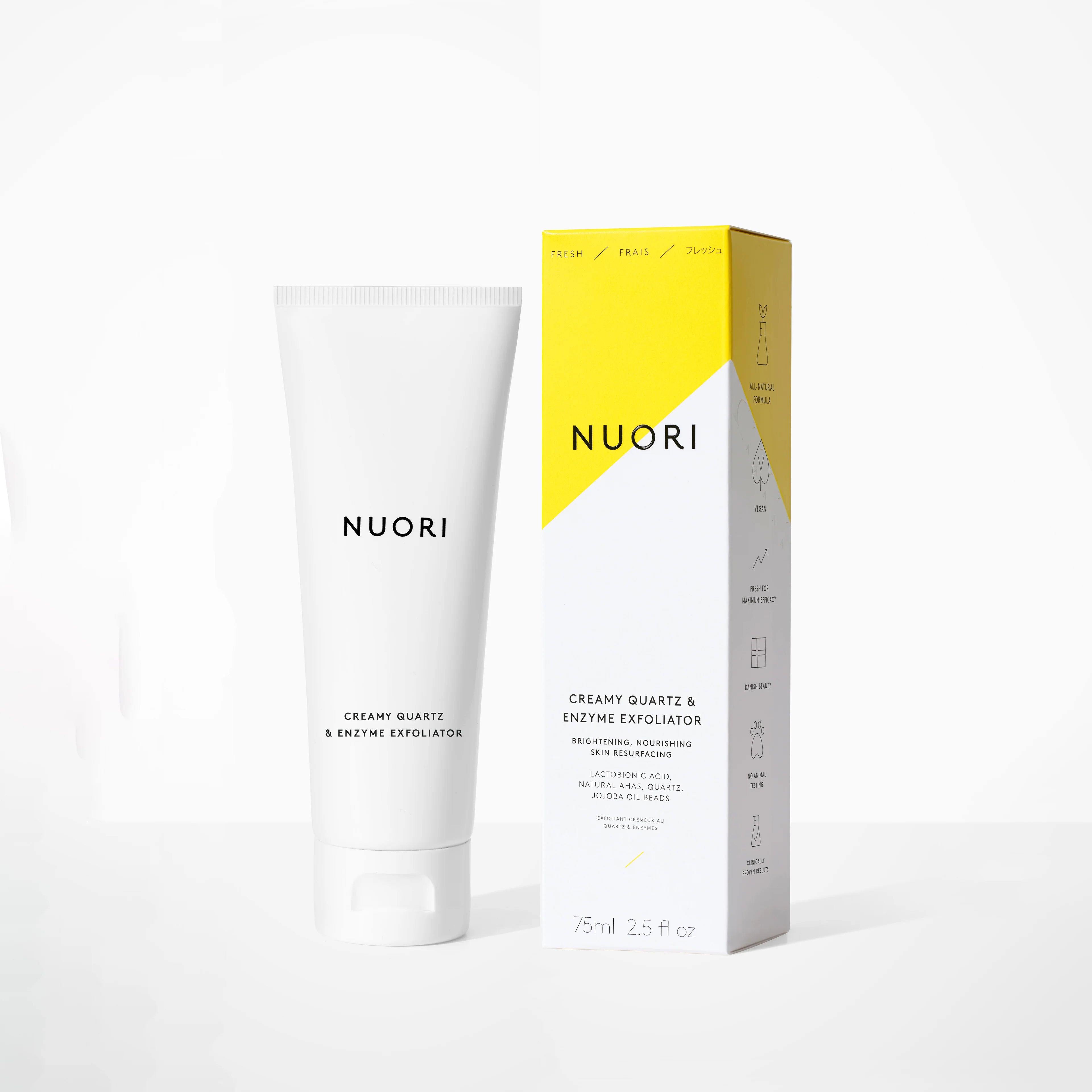 PURELA NUORI Creamy Quartz & Enzyme kuorintapakkaus 75ml, vaaleanharmaa ja moderni pakkaus kuva.