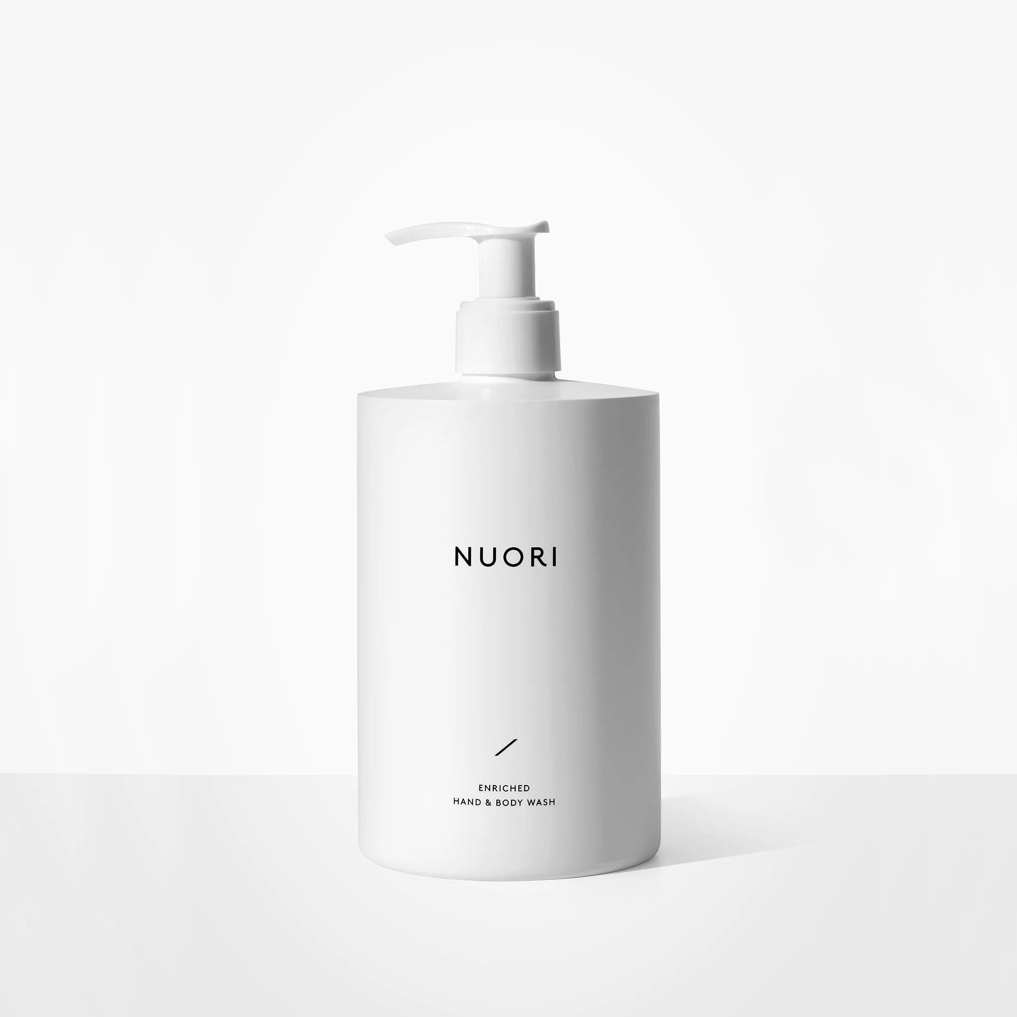 Purela NUORI Enriched Hand & Body Wash 500ml, harmaa pumppupullo, näytetään etusivulta käsien ja kehon pesuneste.