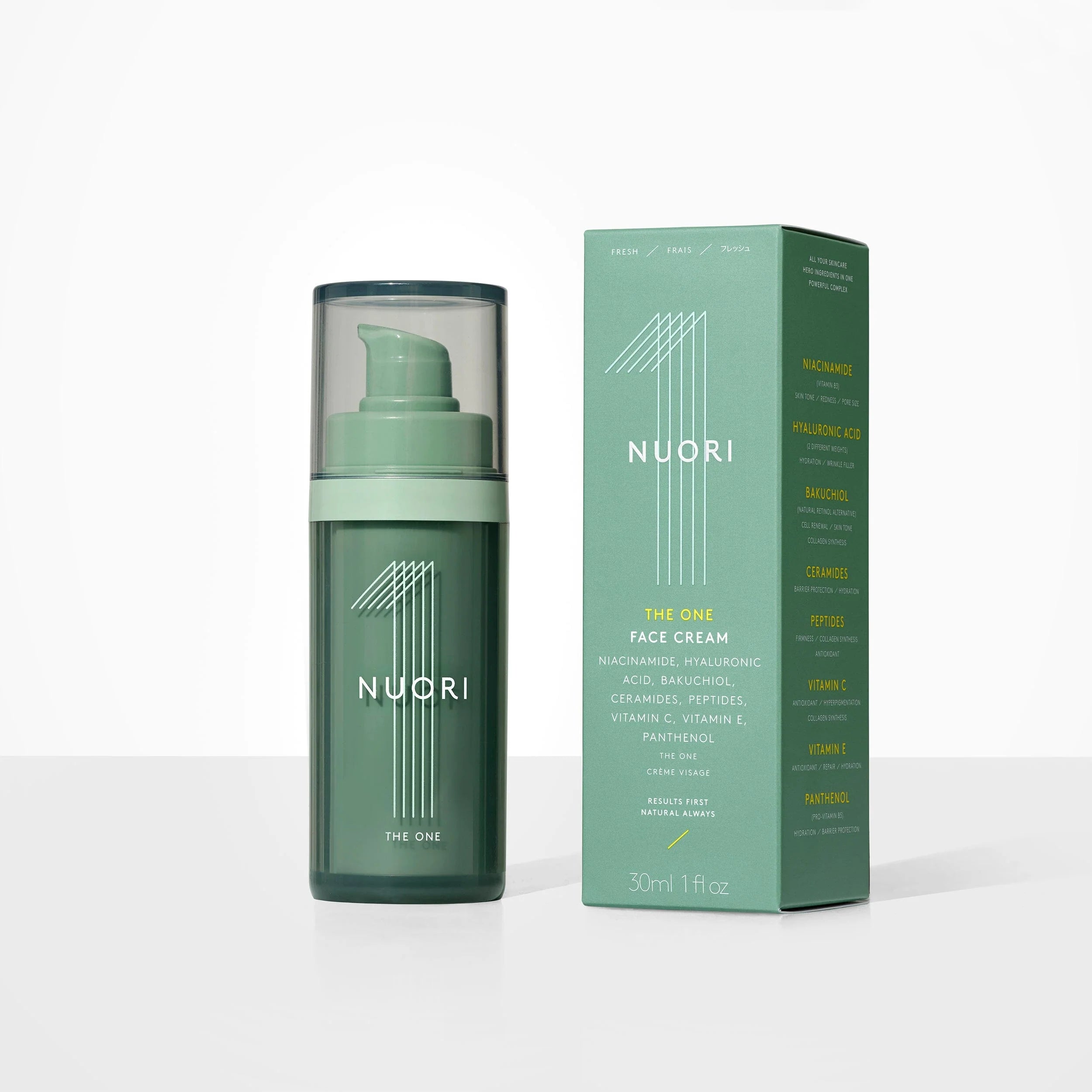 NUORI The One 30ml kasvovoide PURELA-tuotemerkiltä, näytetään tuotepullo ja pakkauksen osat.