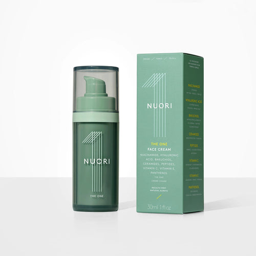 NUORI The One 30ml kasvovoide PURELA-tuotemerkiltä, näytetään tuotepullo ja pakkauksen osat.