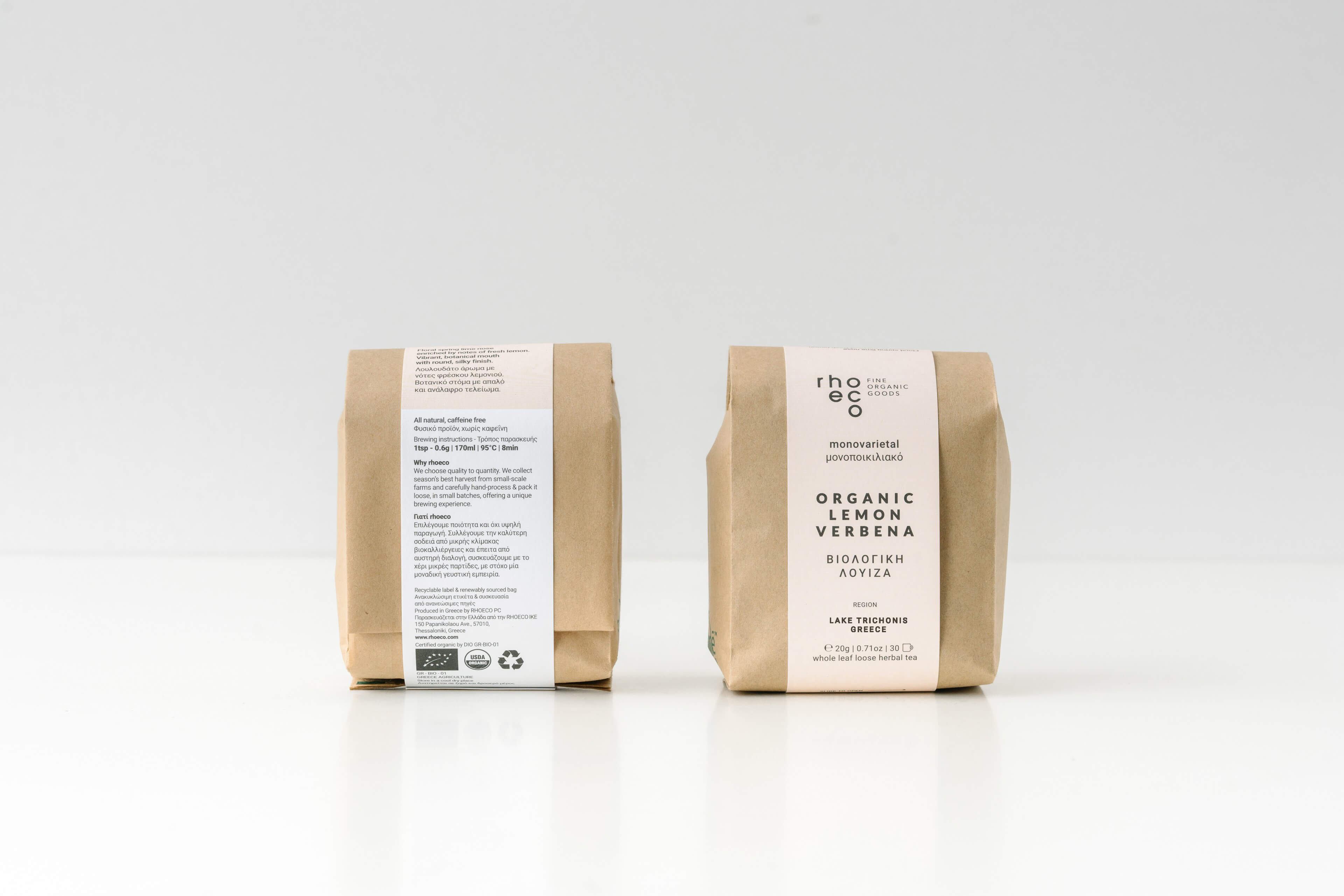 Luonnollinen Rhoeco luomu sitruunatimjami teepussin kuva, 20g, PURELA merkiltä, näkyvissä sitruunatimjami lehdet.